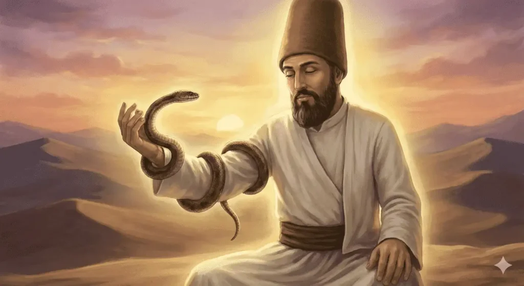 Nefsi temsil eden yılan ve onu terbiye eden derviş.